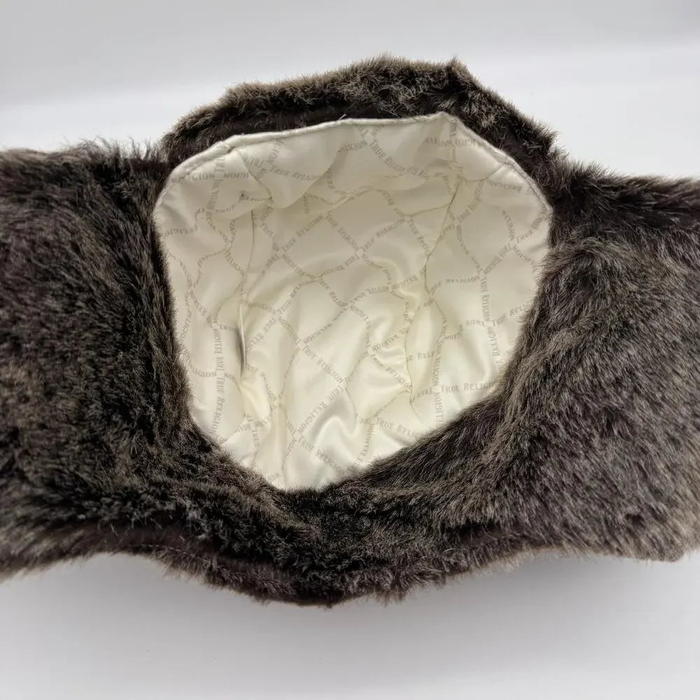 True Religion Trapper Hat Y2K Faux Fur Ear Flap Mens Brown Corduroy Winter Fall